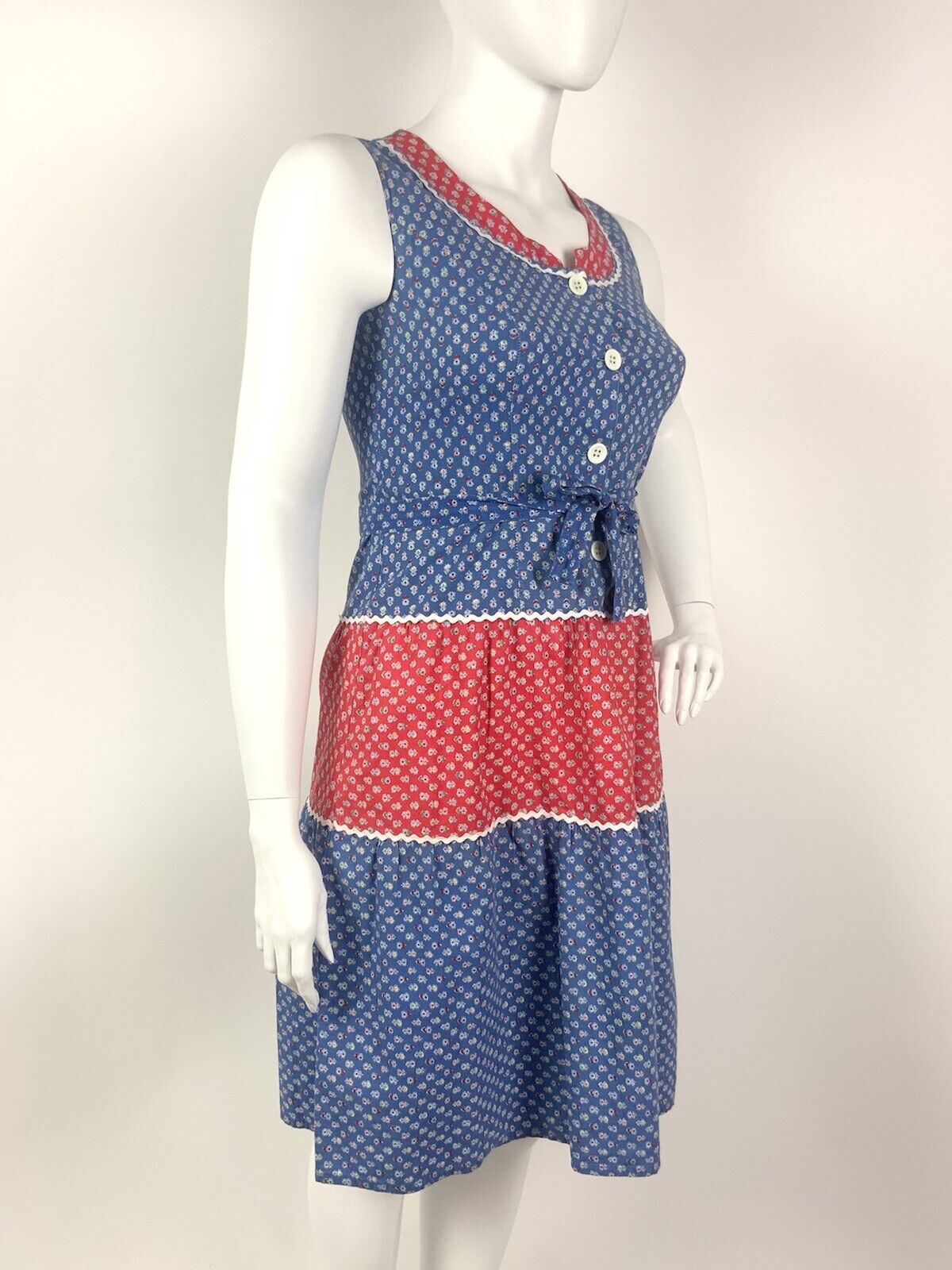 VTG 60s 70s BLUE RED WHITE FLORAL DITSY DAISY RIC RAC COTTAGE BOHO DRESS 14 16