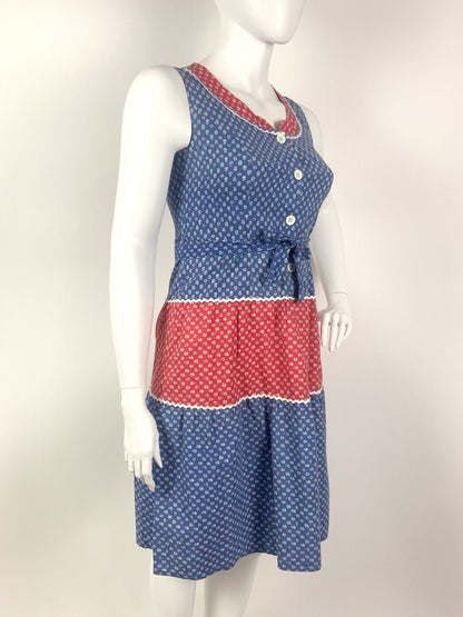 VTG 60s 70s BLUE RED WHITE FLORAL DITSY DAISY RIC RAC COTTAGE BOHO DRESS 14 16