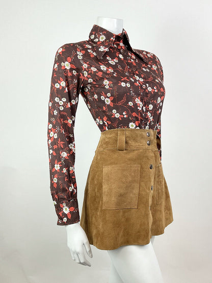 VTG 60s 70s BROWN WHITE ORANGE BOTANICAL FLORAL LEAFY BERRY DAGGER SHIRT 8 10