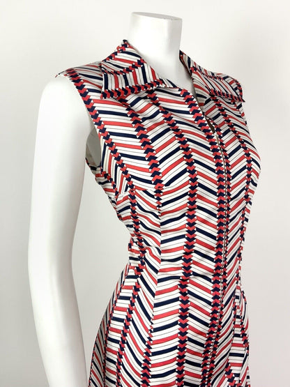 VINTAGE 60s 70s WHITE RED BLUE ZIG-ZAG GEOMETRIC DAGGER SHIRT MOD DRESS 12 14