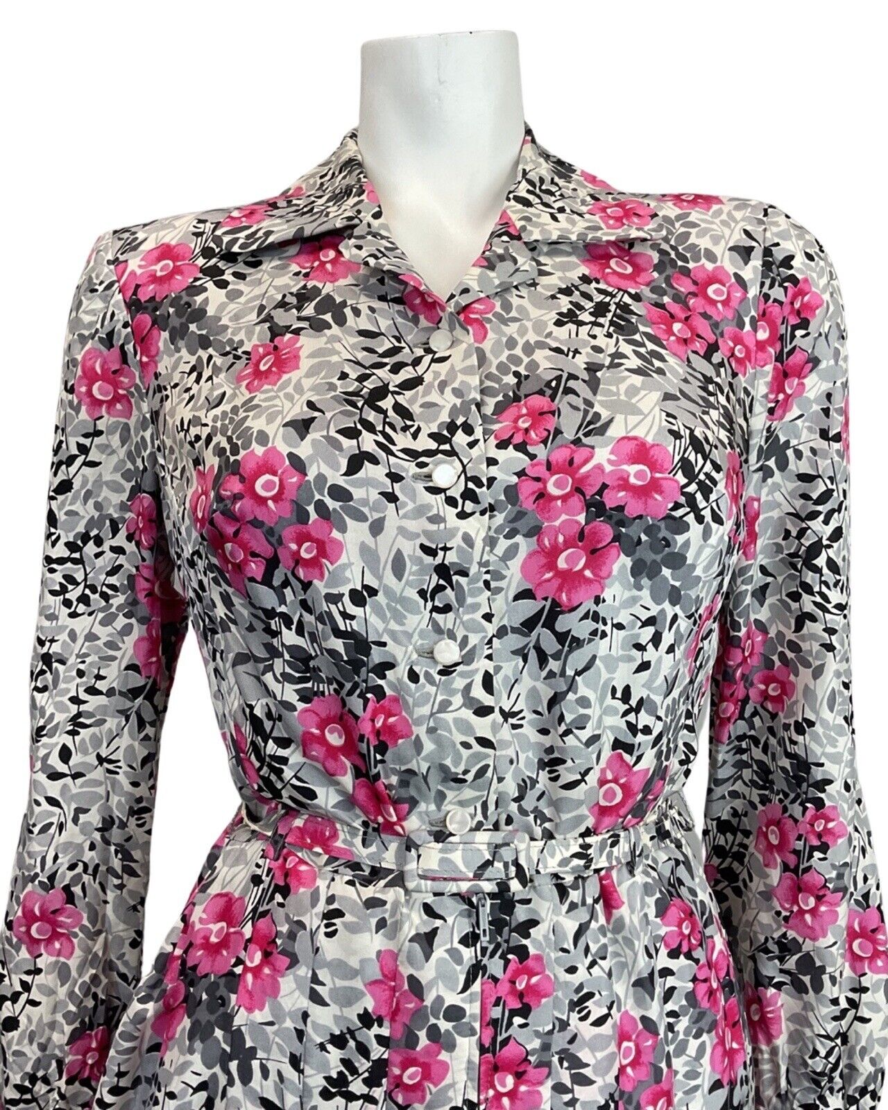 VINTAGE 60s 70s SILVER GREY PINK LEAFY FLORAL BELTED SWING SHIRT DRESS 12 14