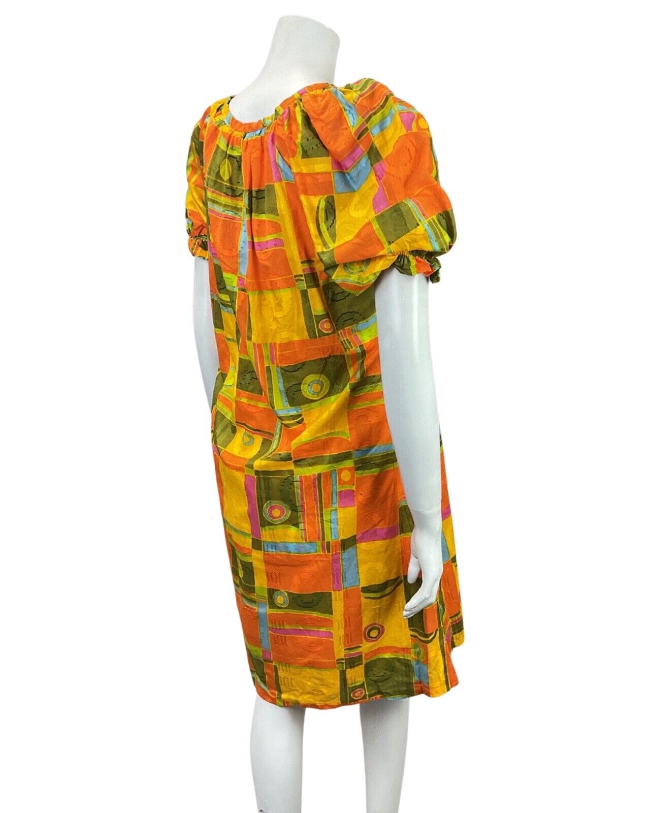 VINTAGE 60s 70s YELLOW GREEN ORANGE GEOMETRIC PUFF SLEEVE TENT DRESS 12 14