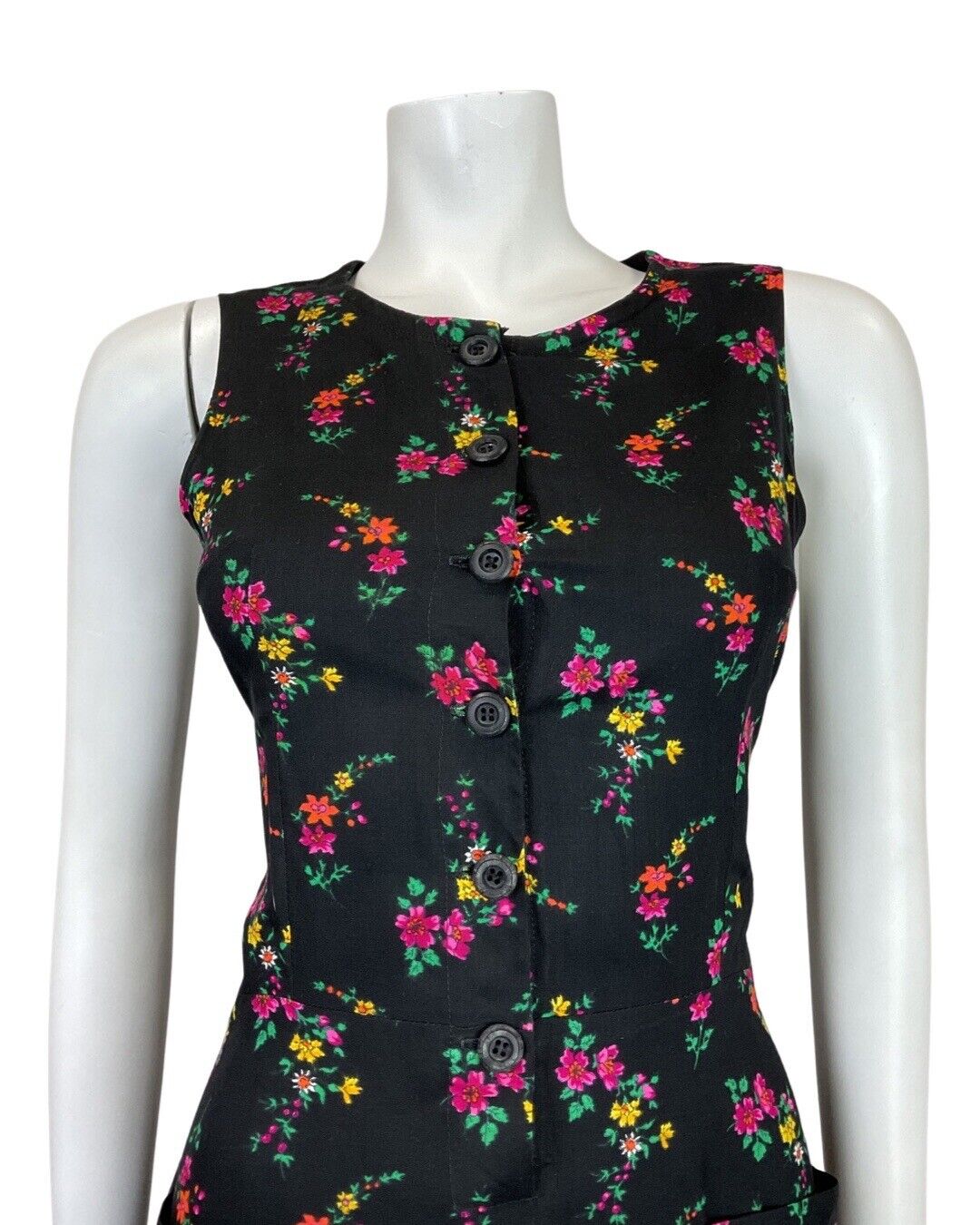 VINTAGE 60s 70s BLACK PINK GREEN DITSY FLORAL SLEEVELESS SUMMER DRESS 10