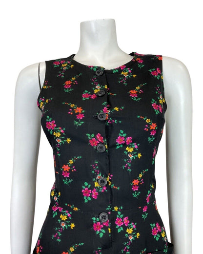 VINTAGE 60s 70s BLACK PINK GREEN DITSY FLORAL SLEEVELESS SUMMER DRESS 10