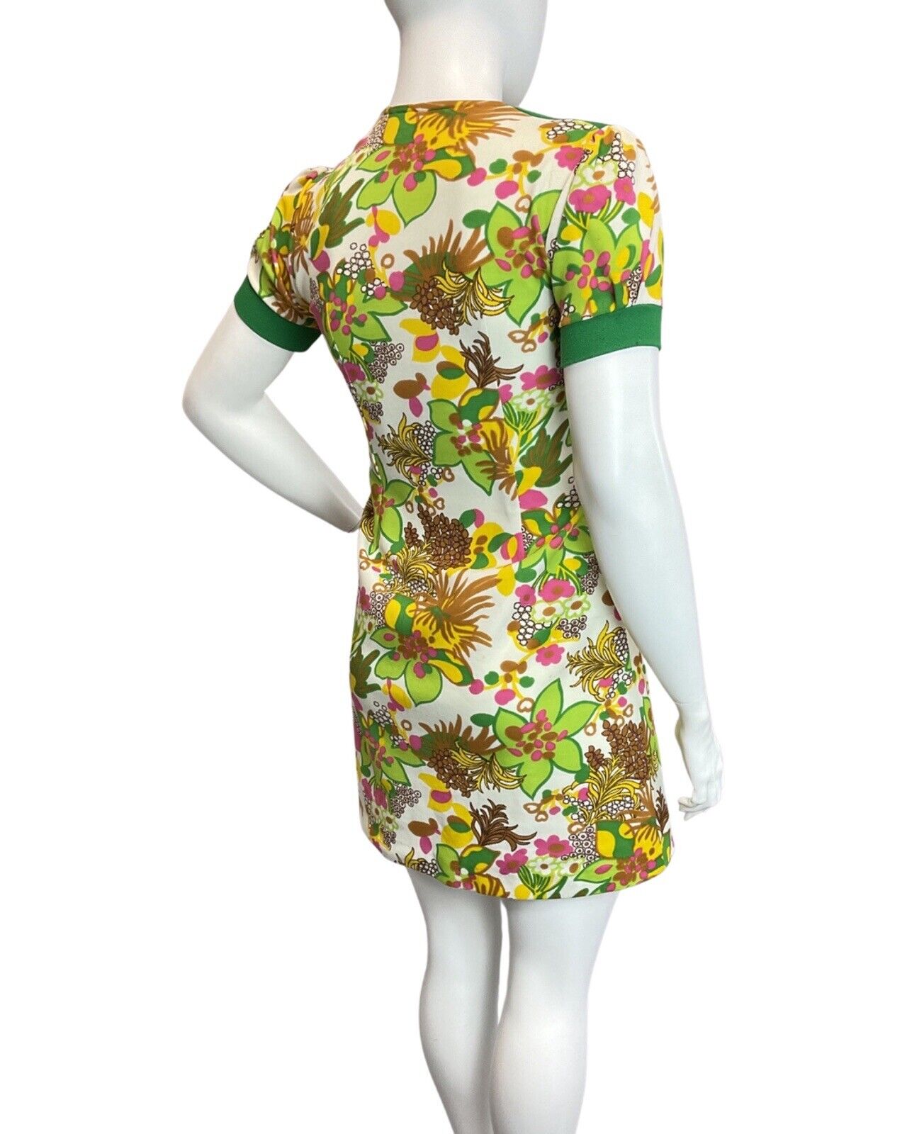 VINTAGE 60s 70s WHITE GREEN PINK FLORAL PSYCHEDELIC MOD SHORT DRESS 16