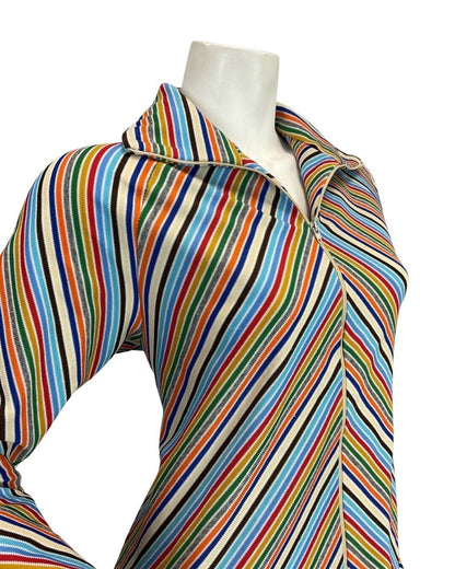 VINTAGE 70s BLUE WHITE RED GREEN STRIPED MOD ZIP-UP SHIRT MAXI DRESS 12 14