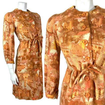 VINTAGE 60s 70s ORANGE YELLOW BROWN PINK VILLAGE CHURCH TREE WOOL DRESS 6 8