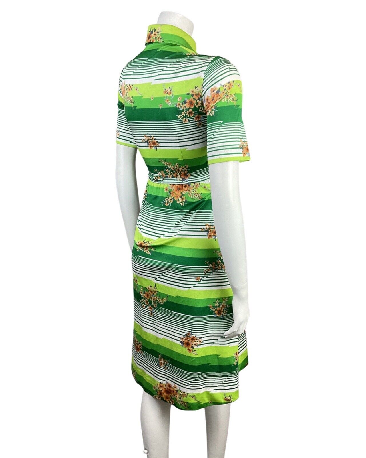 VINTAGE 60s 70s GREEN WHITE ORANGE STRIPED FLORAL MOD DAGGER SHIRT DRESS 8 10