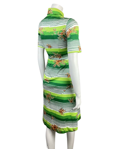 VINTAGE 60s 70s GREEN WHITE ORANGE STRIPED FLORAL MOD DAGGER SHIRT DRESS 8 10