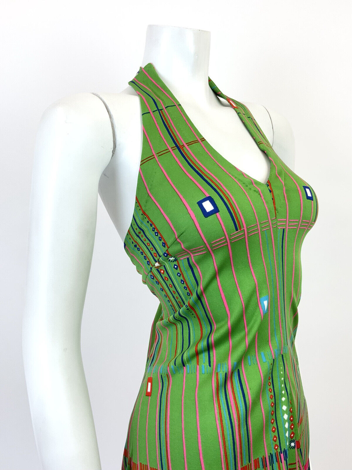 VINTAGE 60s 70s GREEN BLUE PINK GEOMETRIC STRIPED HALTER DRESS 10