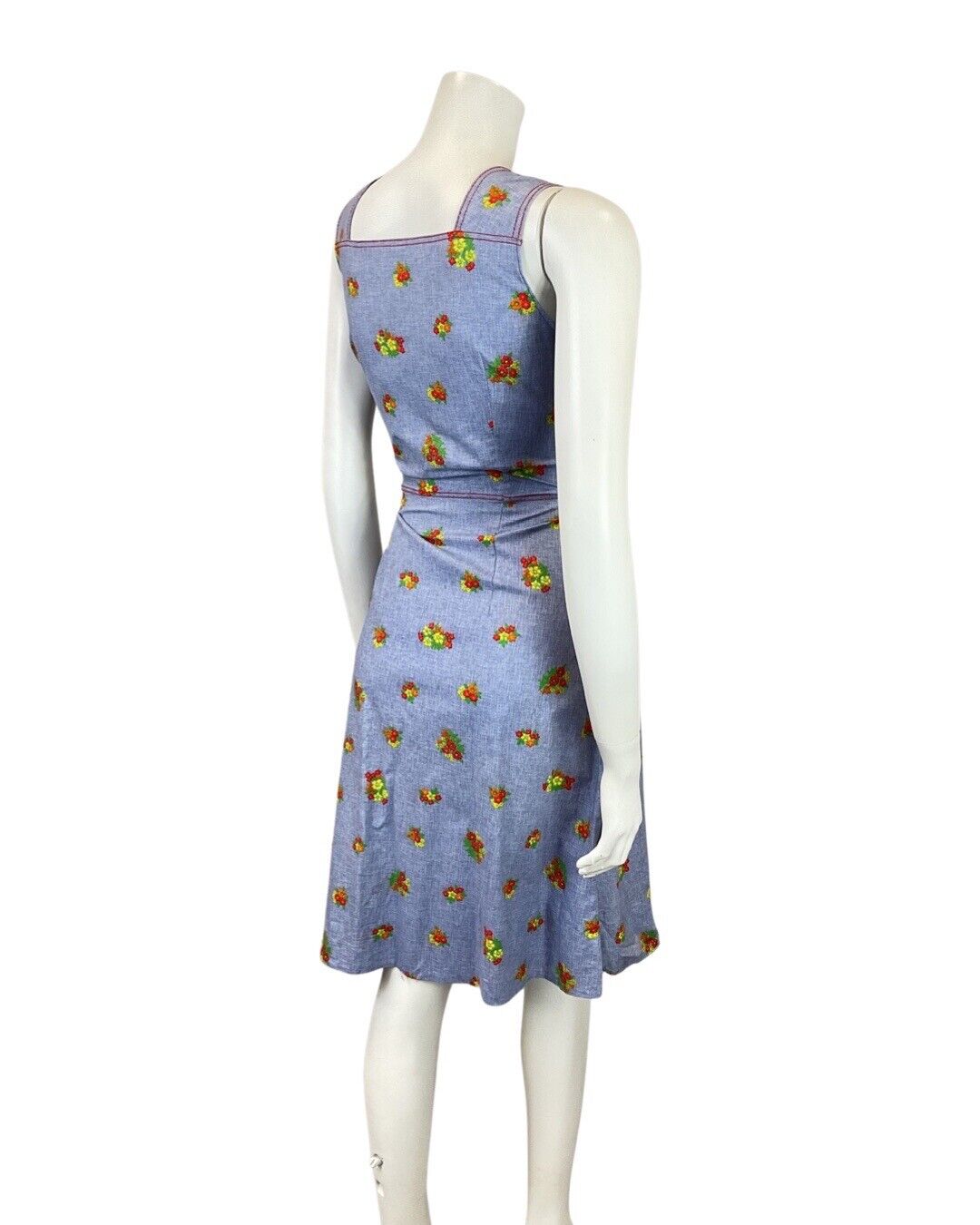 VINTAGE 60s 70s BLUE RED YELLOW FLOWER BOUQUET APRON PINAFORE DRESS 8