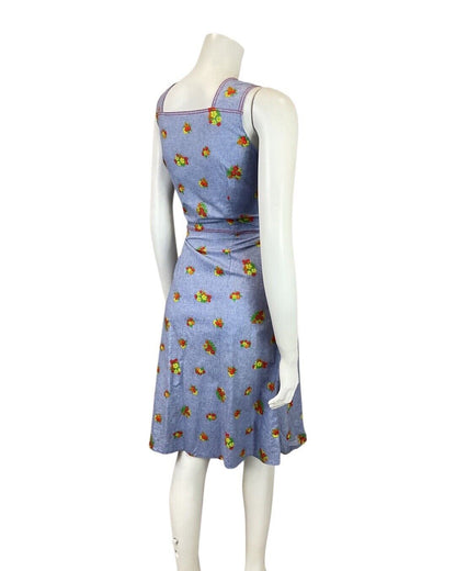 VINTAGE 60s 70s BLUE RED YELLOW FLOWER BOUQUET APRON PINAFORE DRESS 8