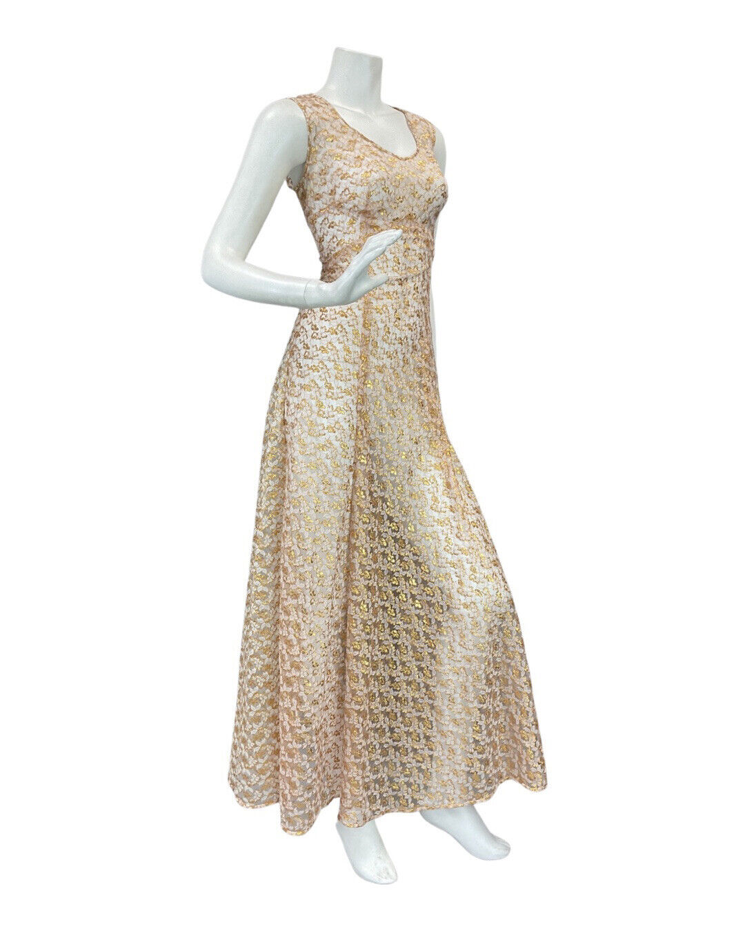 VINTAGE 60s 70s GOLD WHITE FLORAL LACE SHEER SLEEVELESS PARTY MAXI DRESS 8 10
