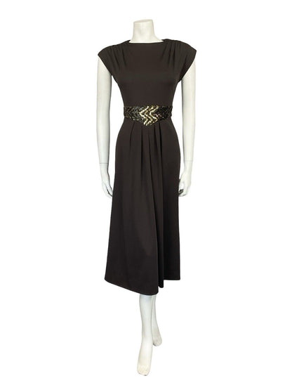 VTG 60S 70S BROWN GOLD SEQUIN BAND PLEATED TUNIC MOD PARTY MIDI DRESS 8