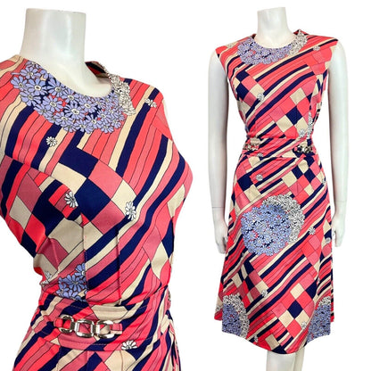 VINTAGE 60s 70s PINK BLUE CREAM GEOMETRIC FLORAL DAISY SLEEVELESS DRESS 12 14