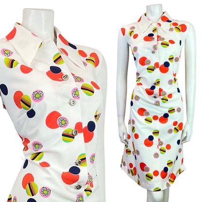 VINTAGE 60s 70s WHITE RED PINK STRIPED DAISY DOTTY MOD SLEEVELESS SHIRT DRESS 16