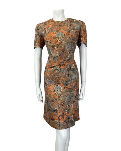 VINTAGE 60s 70s ORANGE GREY BLUE PSYCHEDELIC PAISLEY FLORAL DRESS 14 16