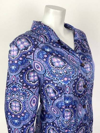 VINTAGE 60s 70s PURPLE BLUE PINK ARABESQUE FLORAL PSYCHEDELIC SHIRT DRESS 16 18