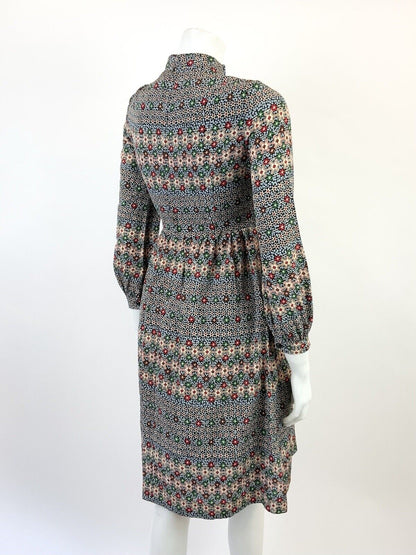 VINTAGE 60s 70s BLUE CREAM RED BLACK PSYCHEDELIC FLORAL DITSY SWING DRESS 8