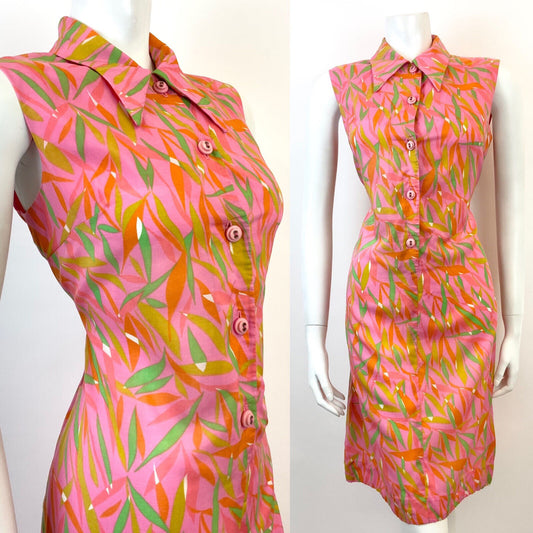 VTG 60s 70s PINK GREEN ORANGE PSYCHEDELIC LEAFY DAGGER SHIRT SHIFT DRESS 10 12