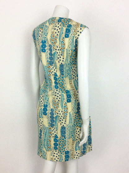VINTAGE 60s 70s SHIFT DRESS ABSTRACT FLORAL PATCHWORK DITSY BLUE GOLD CREAM 14