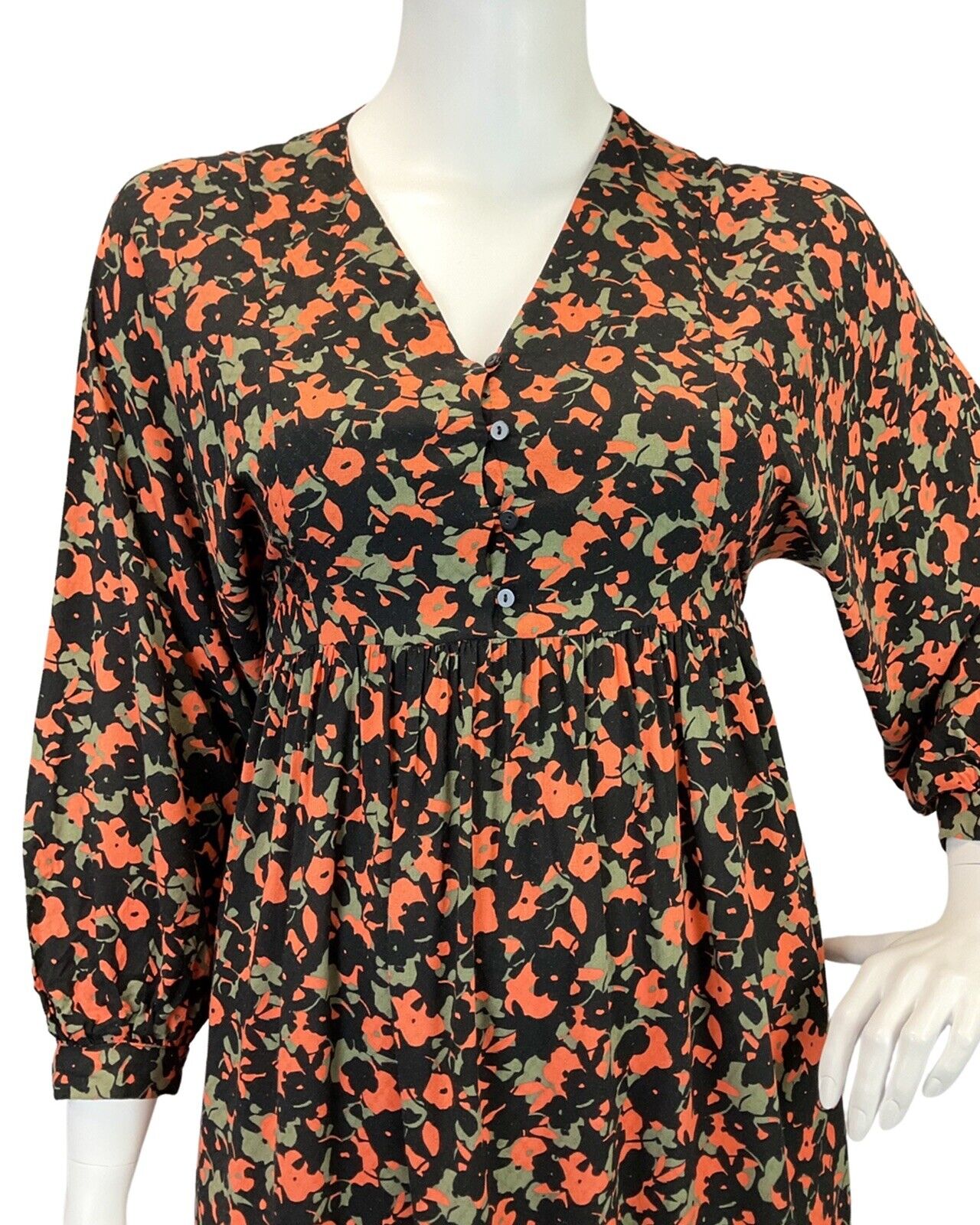 VINTAGE 60s 70s BLACK GREY ORANGE PSYCHEDELIC FLORAL LONGSLEEVE DRESS 16 18