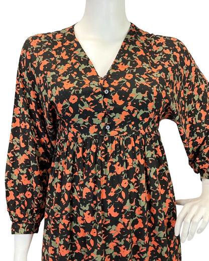 VINTAGE 60s 70s BLACK GREY ORANGE PSYCHEDELIC FLORAL LONGSLEEVE DRESS 16 18