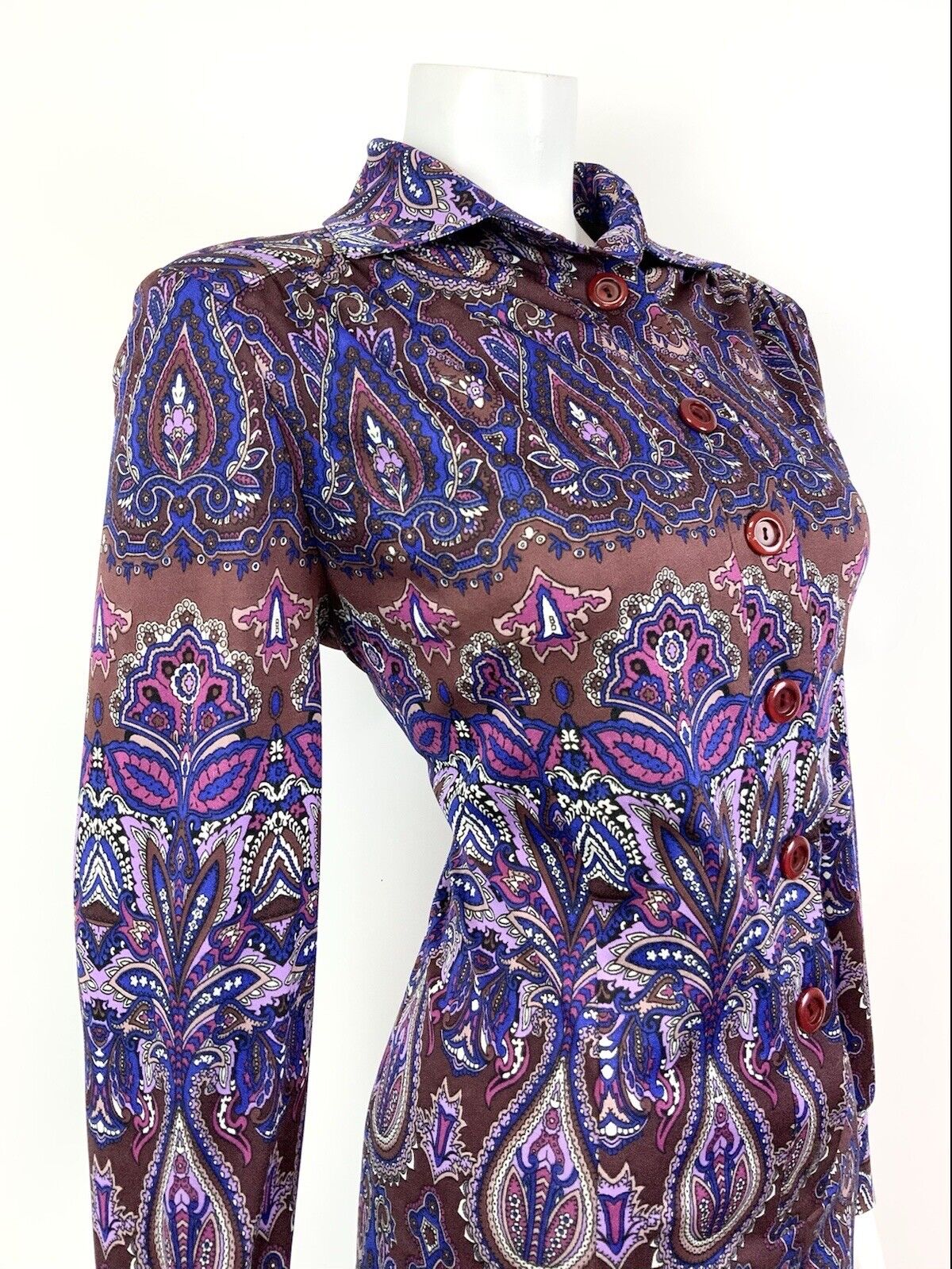 VTG 60s 70s PURPLE BROWN BLUE PSYCHEDELIC FLORAL DAGGER SHIRT DRESS 16 18