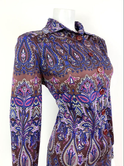 VTG 60s 70s PURPLE BROWN BLUE PSYCHEDELIC FLORAL DAGGER SHIRT DRESS 16 18
