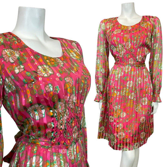 VINTAGE 60s 70s FUCHSIA PINK GREEN WHITE FLORAL STRIPED SHEER MOD DRESS 10 12