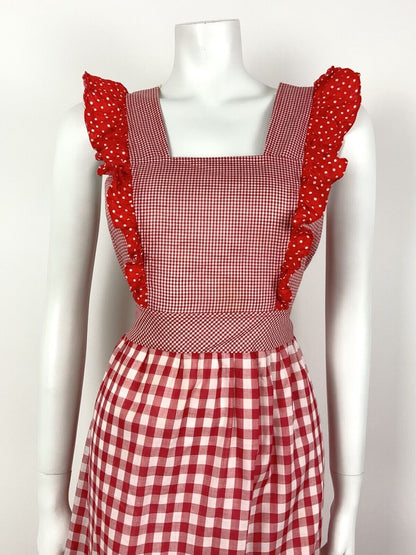 VTG 60s 70s RED WHITE GINGHAM POLKA DOT RUFFLED PRAIRIE APRON PINAFORE DRESS 8