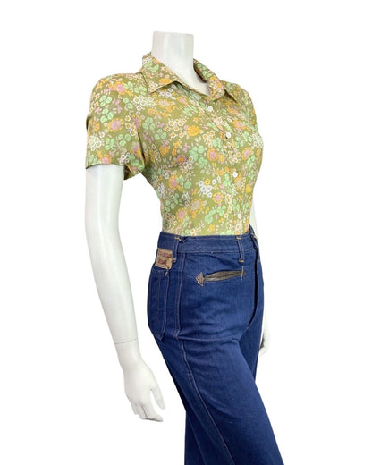 VINTAGE 60s 70s GREEN PINK YELLOW FLORAL BOTANICAL PRAIRIE BLOUSE 12 14