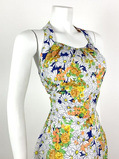 VINTAGE 60s 70s WHITE YELLOW ORANGE FLORAL DITSY DAISY HALTER SUMMER DRESS 10 12