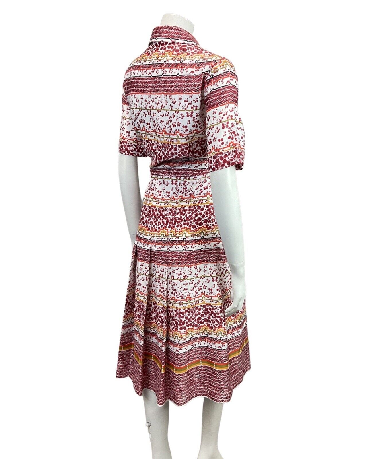 VINTAGE 60s 70s WHITE RED GOLD FLORAL PETAL STRIPED DAGGER SHIRT DRESS 14 16