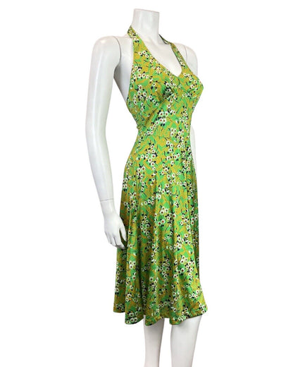 VINTAGE 60s 70s GREEN YELLOW BLUE FLORAL HAWAIIAN HALTER SUMMER SWING DRESS 8 10