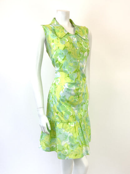 VTG 60s 70s GREEN BLUE YELLOW PSYCHEDELIC FLORAL SPOON COLLAR MOD DRESS 14 16