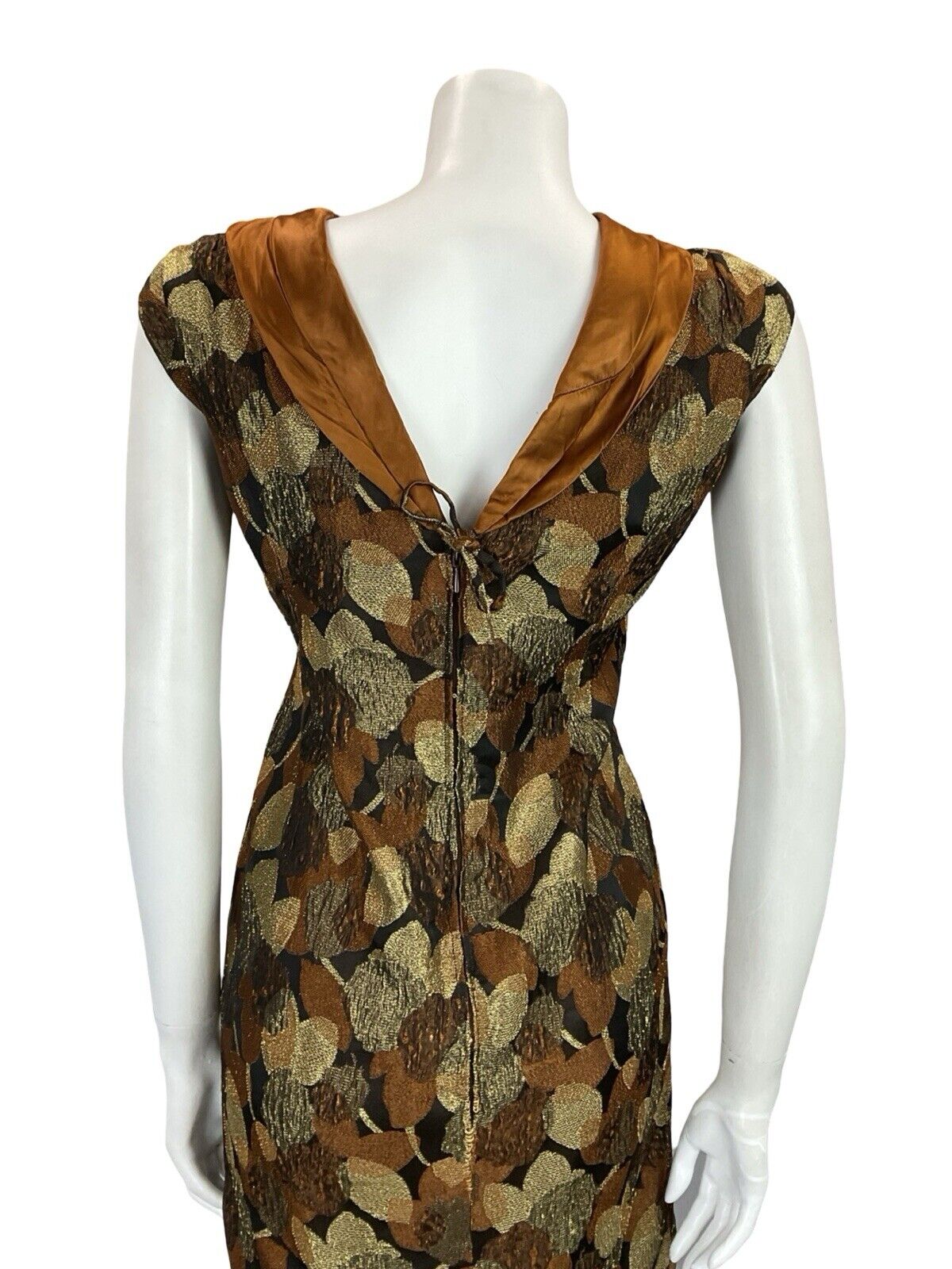 VTG 60S COPPER GOLD BLACK SATIN LEAF BROCADE PLUNGING BACK PARTY DRESS 12 14 M