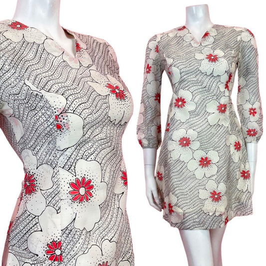 VINTAGE 60s 70s CREAM BLACK ORANGE STRIPED DOTTY FLORAL MOD SHORT DRESS 8