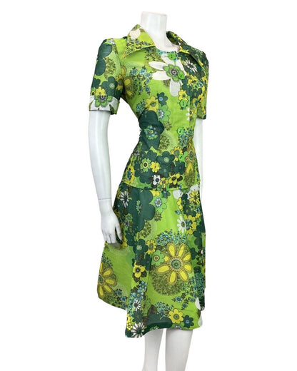 VTG 60s 70s GREEN LIME FOREST FLORAL PSYCHEDELIC DROP WAIST SHIRT DRESS 12 14