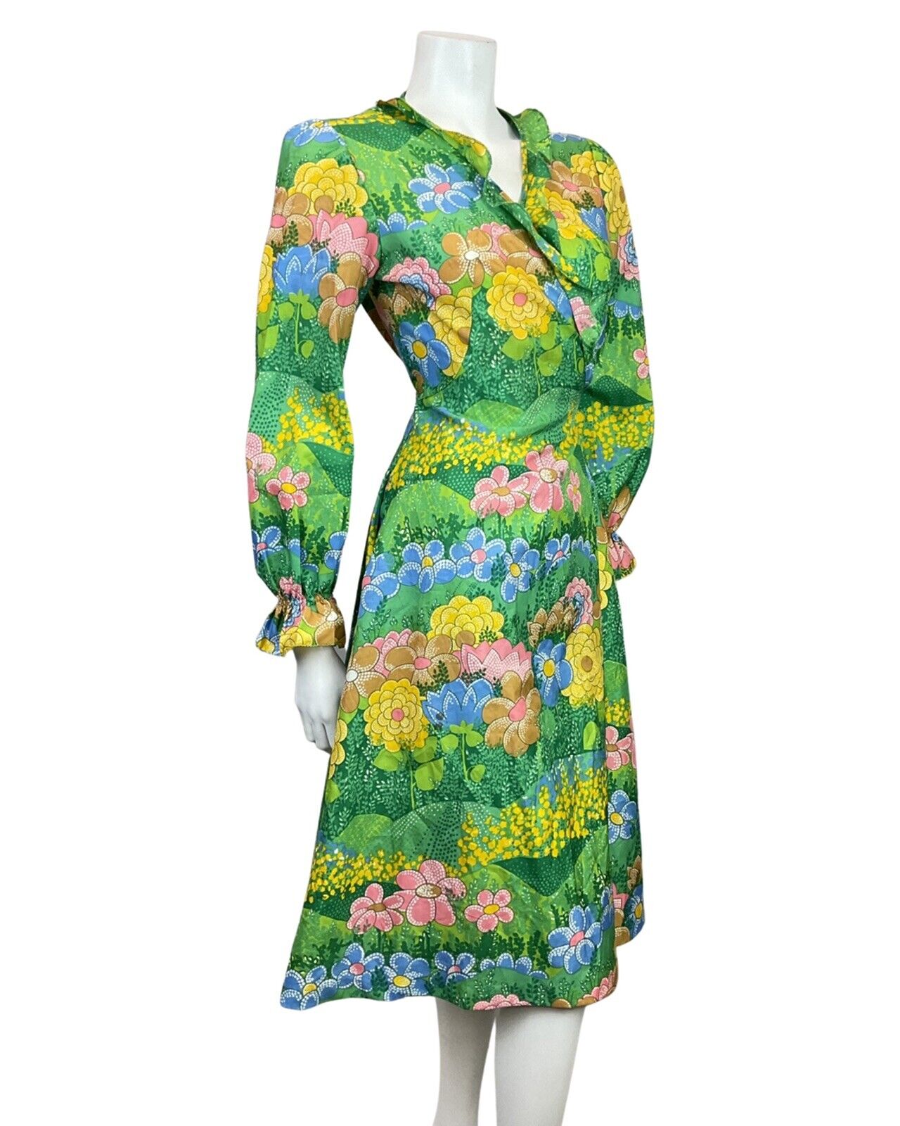 VINTAGE 60s 70s GREEN BLUE YELLOW PSYCHEDELIC FLORAL GARDEN RUFFLE WRAP DRESS 10