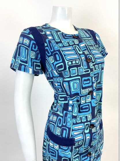 VINTAGE 60s 70s BLUE NAVY MINT GEOMETRIC PSYCHEDELIC MOD SHIFT DRESS 12 14