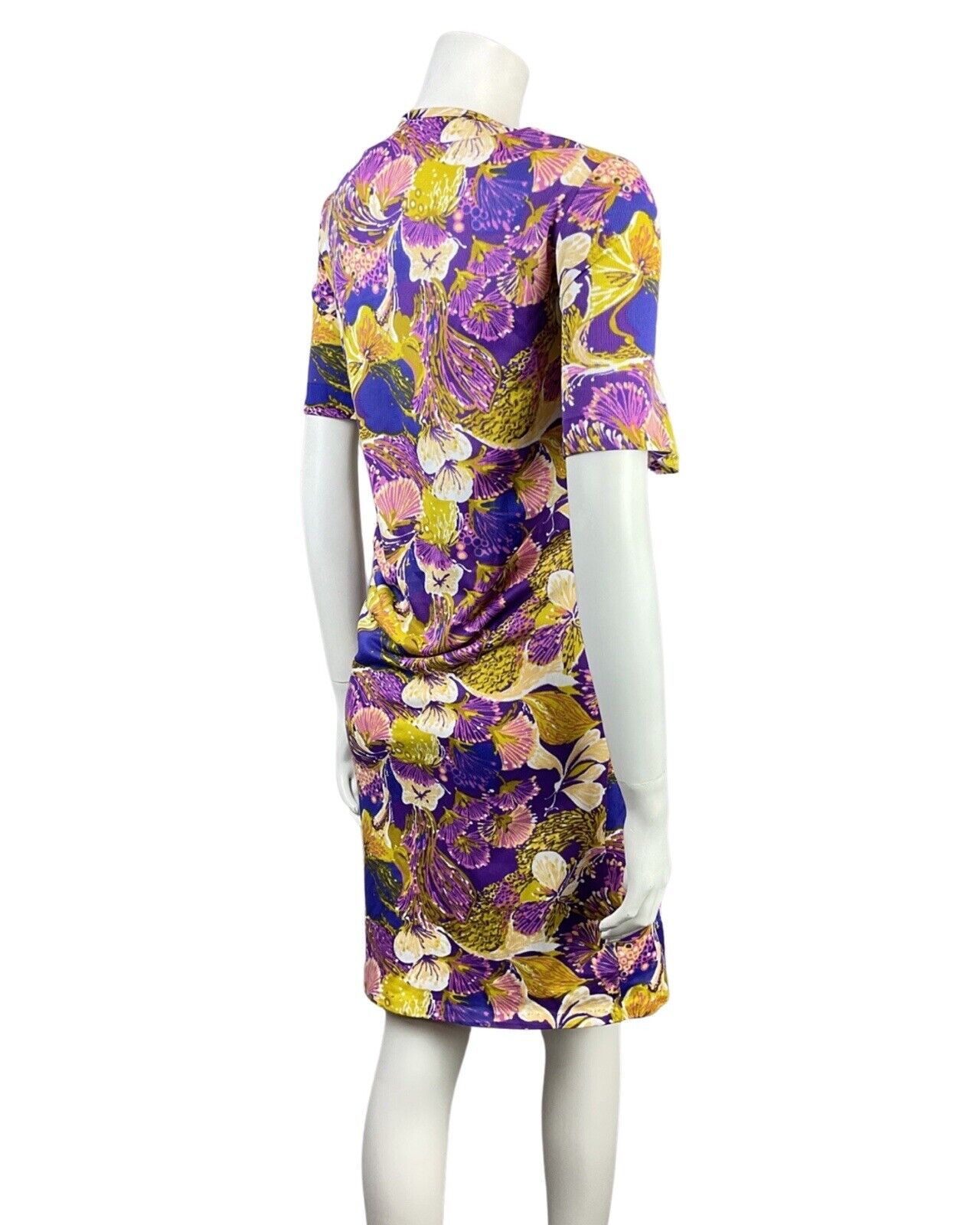 VINTAGE 60s 70s PURPLE YELLOW WHITE PSYCHEDELIC MOD FLORAL SUMMER DRESS 16 18
