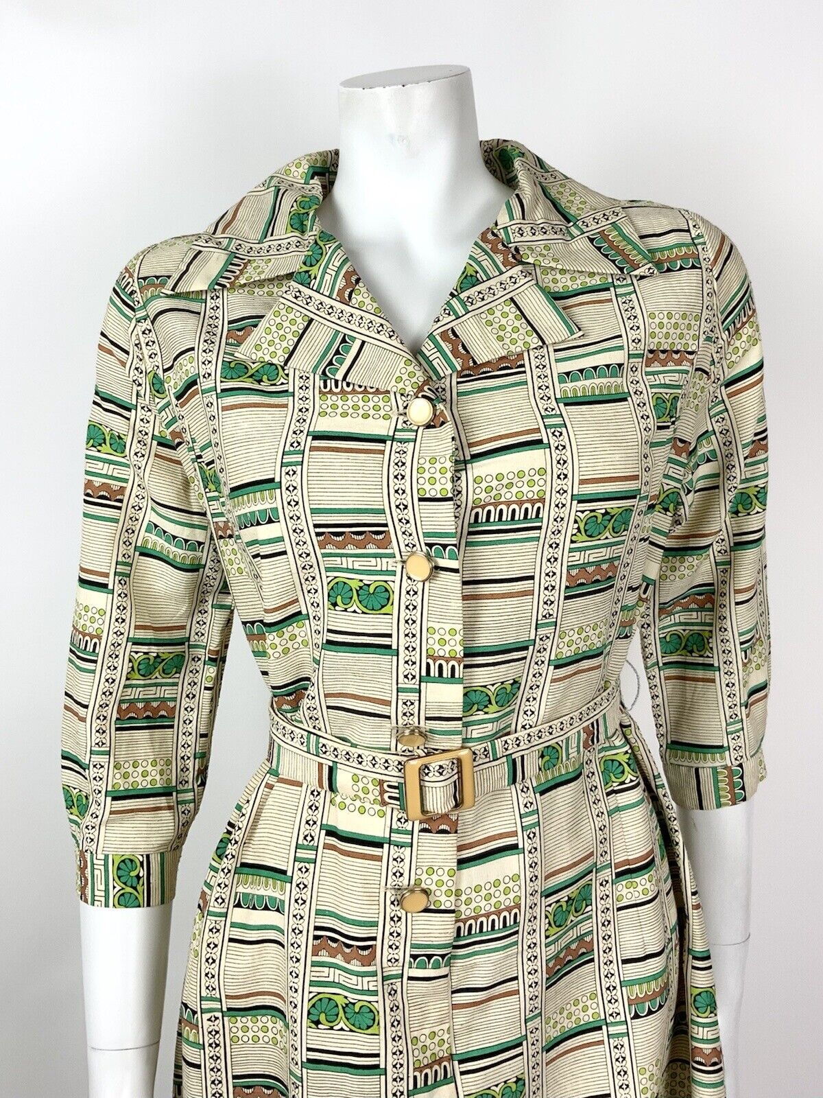 VTG 60s 70s CREAM GREEN BLACK BROWN STRIPED FLORAL GEOMETRIC SHIRT DRESS 14 16