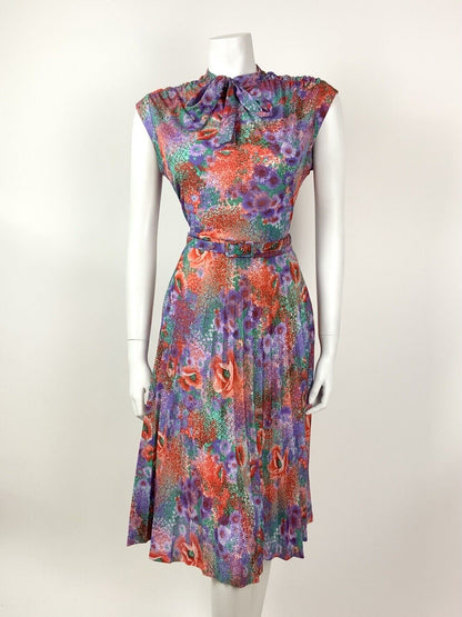 VINTAGE 60s 70s PURPLE RED GREEN FLORAL DITSY PLEATED BELTED DRESS 12 14