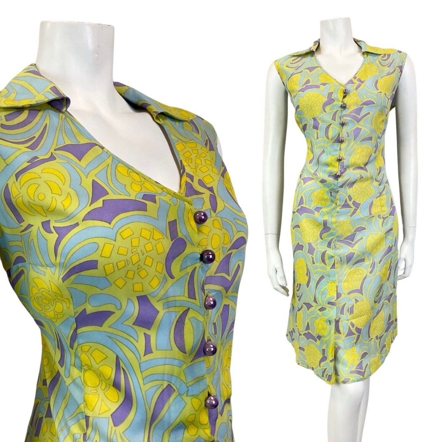VINTAGE 60s 70s GREEN BLUE PURPLE GEOMETRIC PSYCHEDELIC SHIRT DRESS 12 14