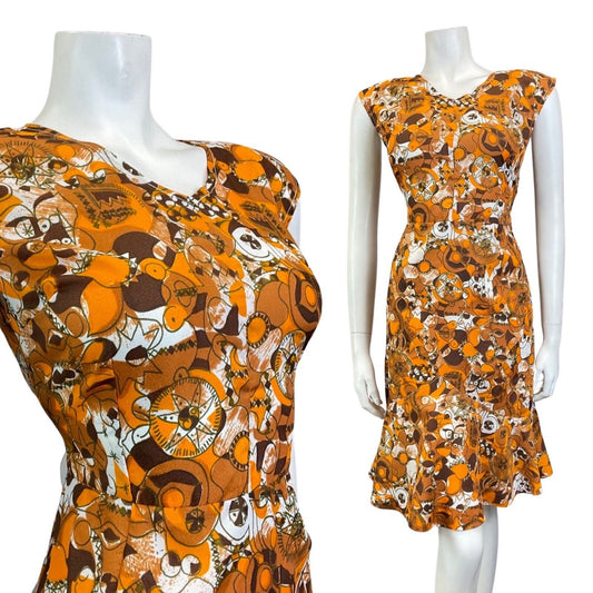 VINTAGE 60s 70s ORANGE BROWN WHITE PSYCHEDELIC ABSTRACT SLEEVELESS DRESS 10 12