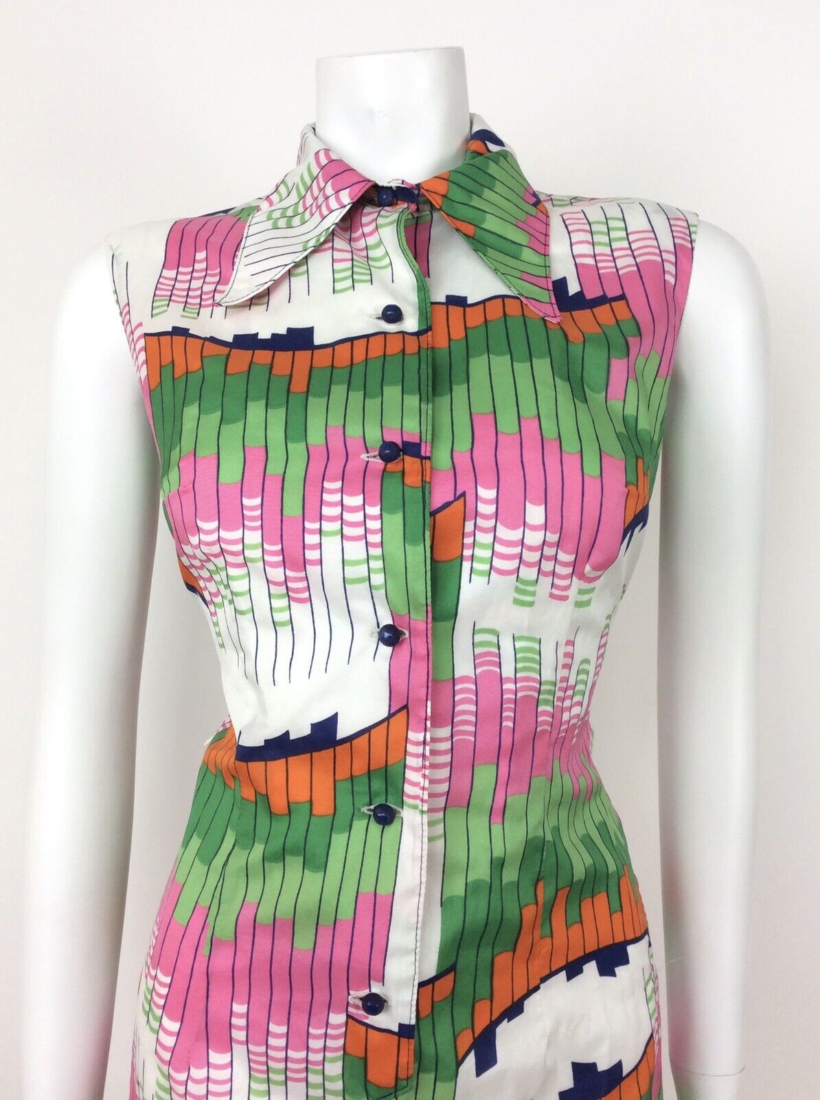 VTG 60s 70s GEOMETRIC ABSTRACT WHITE GREEN PINK ORANGE BLUE SHIRT DRESS 10 12