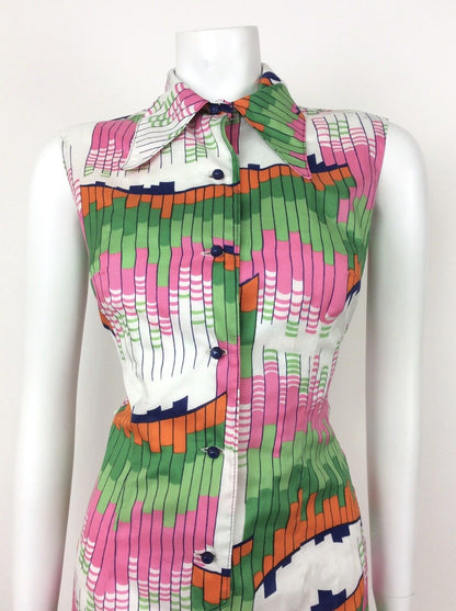 VTG 60s 70s GEOMETRIC ABSTRACT WHITE GREEN PINK ORANGE BLUE SHIRT DRESS 10 12