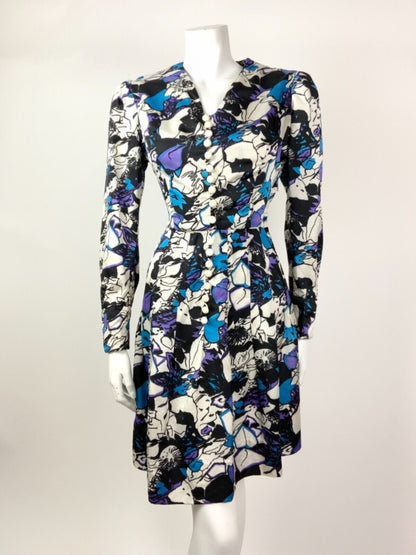 VINTAGE 60s 70s WHITE BLACK BLUE PURPLE PSYCHEDELIC FLORAL DRESS 10 12