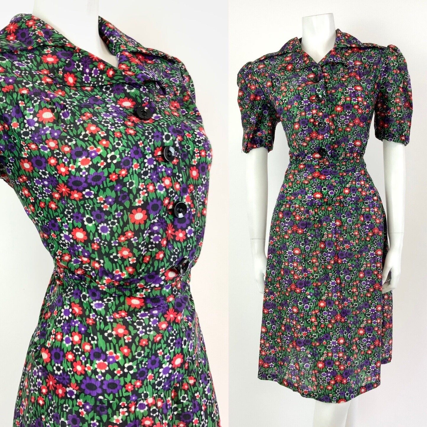 VTG 60s 70s GREEN PURPLE RED BLACK FLORAL DAISY DITSY MOD DAGGER SHIRT DRESS 12